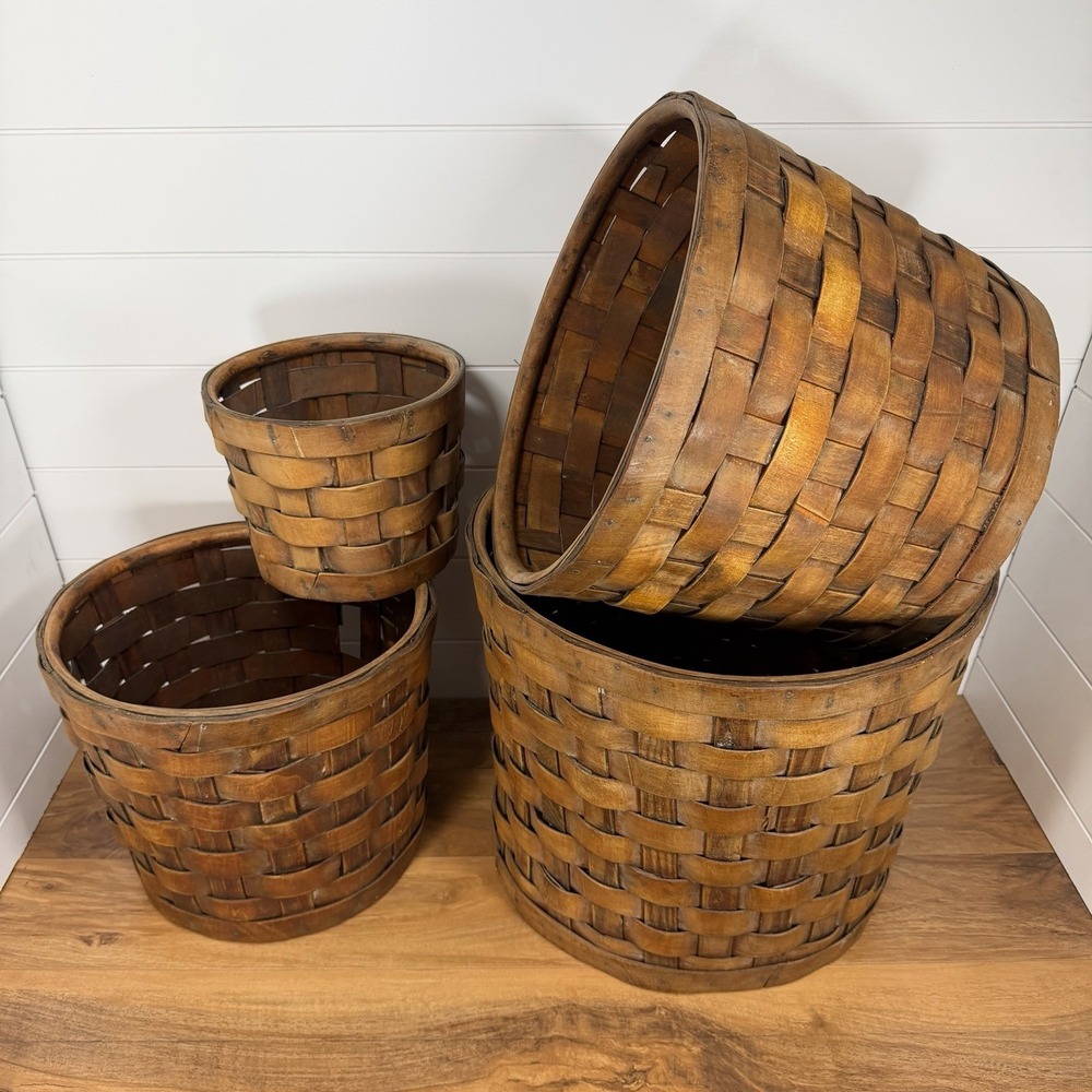 Antique S-XL Nesting Wood Splint Baskets *Flaws* Dark Woven Slats With Tacks - Picture 2 of 16
